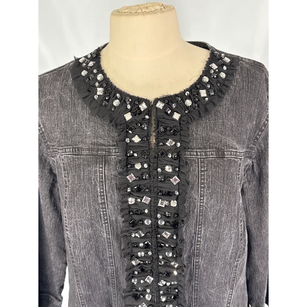 Ruby Rd 20W Black Embellished Denim Jacket Rhinestone Gem Ruffle 3/4 Sleeve‎ - Picture 2 of 11